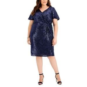 ALEX EVENINGS Womens Navy Side Knot Lined Flutter Sleeve Sheath Dress